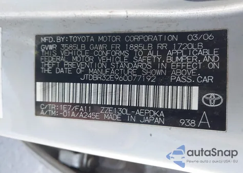 2006 Toyota Corolla Ce z USA, uszkodzony, nr VIN JTDBR32E960077192